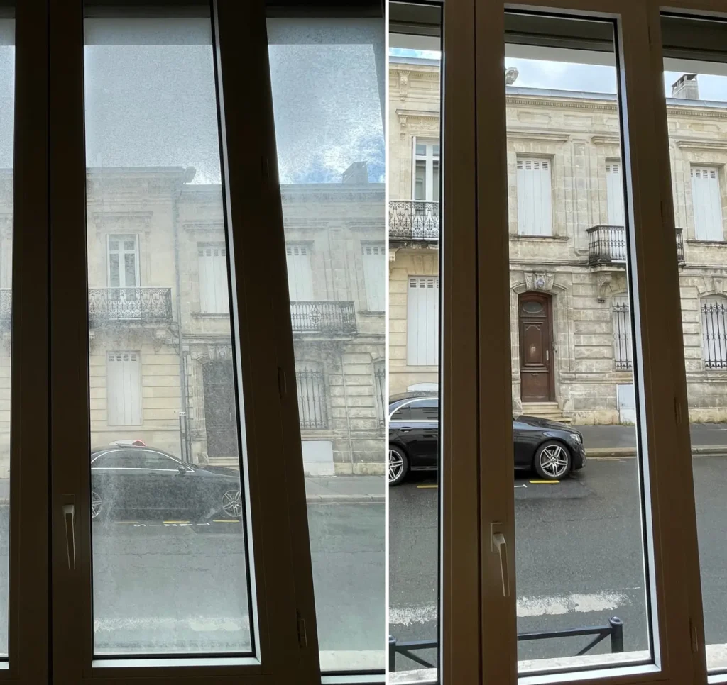Avant et après nettoyage de vitres d’immeuble à Bordeaux – Groupe Propreté Solution