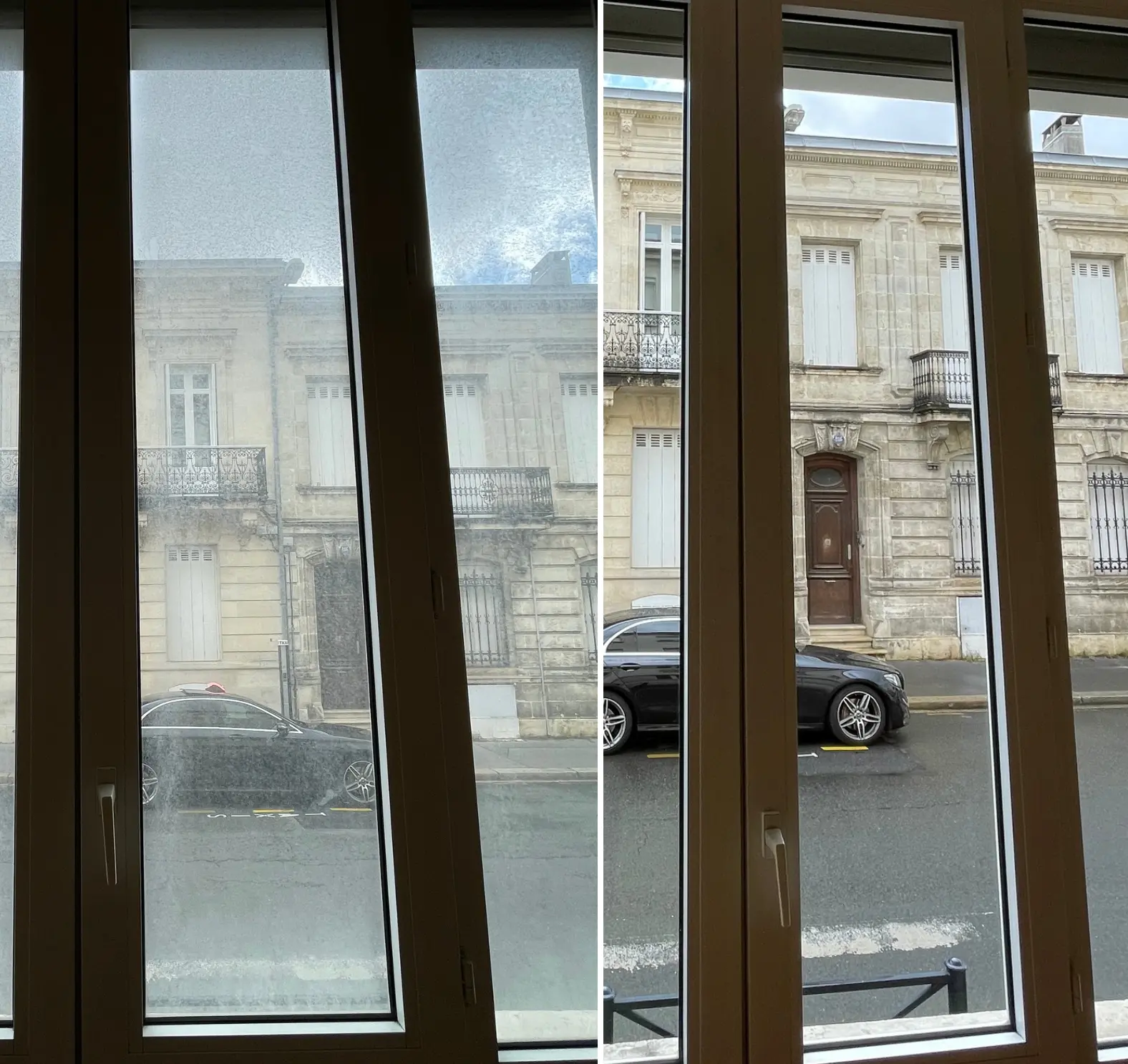 Avant et après nettoyage de vitres d’immeuble à Bordeaux – Groupe Propreté Solution